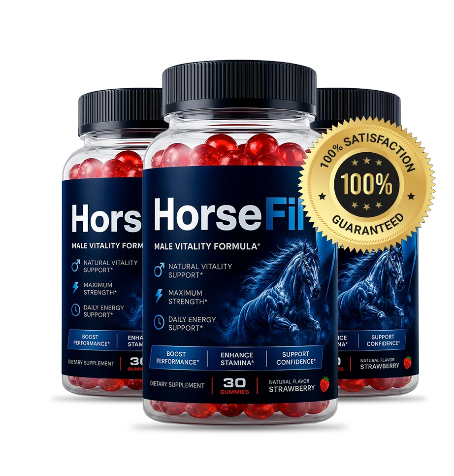 Three bottles of HorseFil Male Vitality Formula strawberry gummies, 30 gummies each