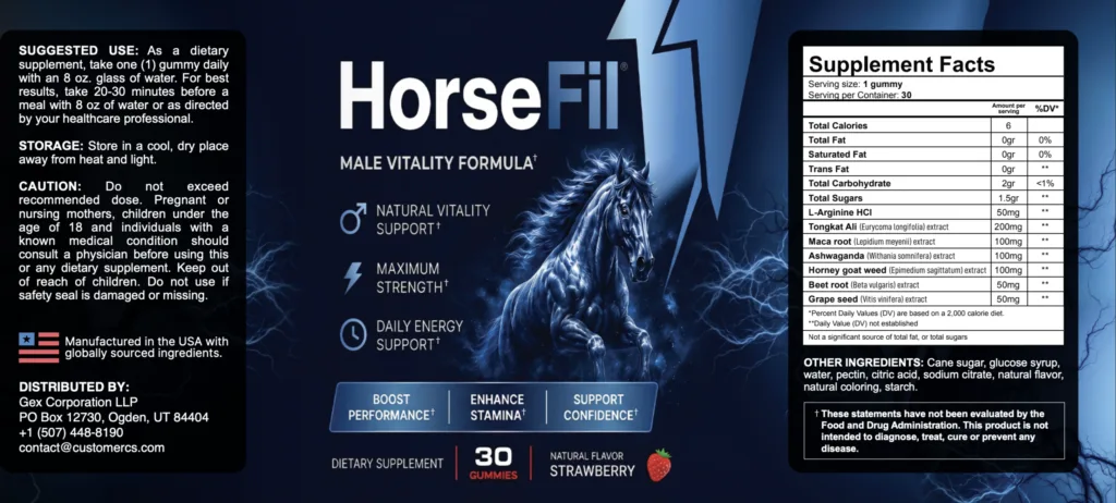 HorseFil label with suggested use, caution, distributor and Supplement Facts panel